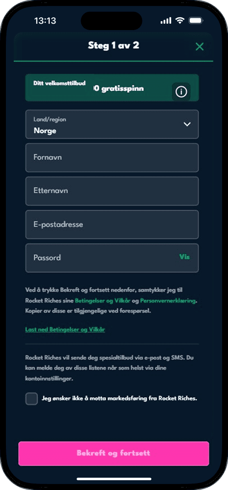 Rocket Riches casino registrering